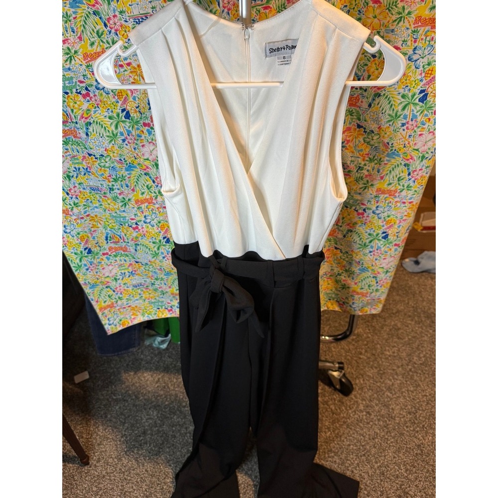 125 Shelby & Palmer Womens Colorblock Jumpsuit White Black Tie Waist Wide Leg 6